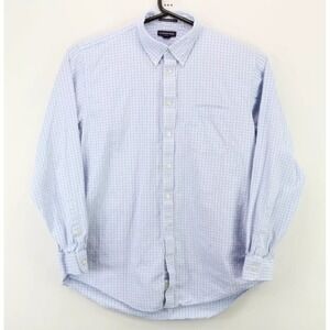 Lands End Mens Button Down LS Collared Shirt Size 17.5 Tall Blue White Plaid euc